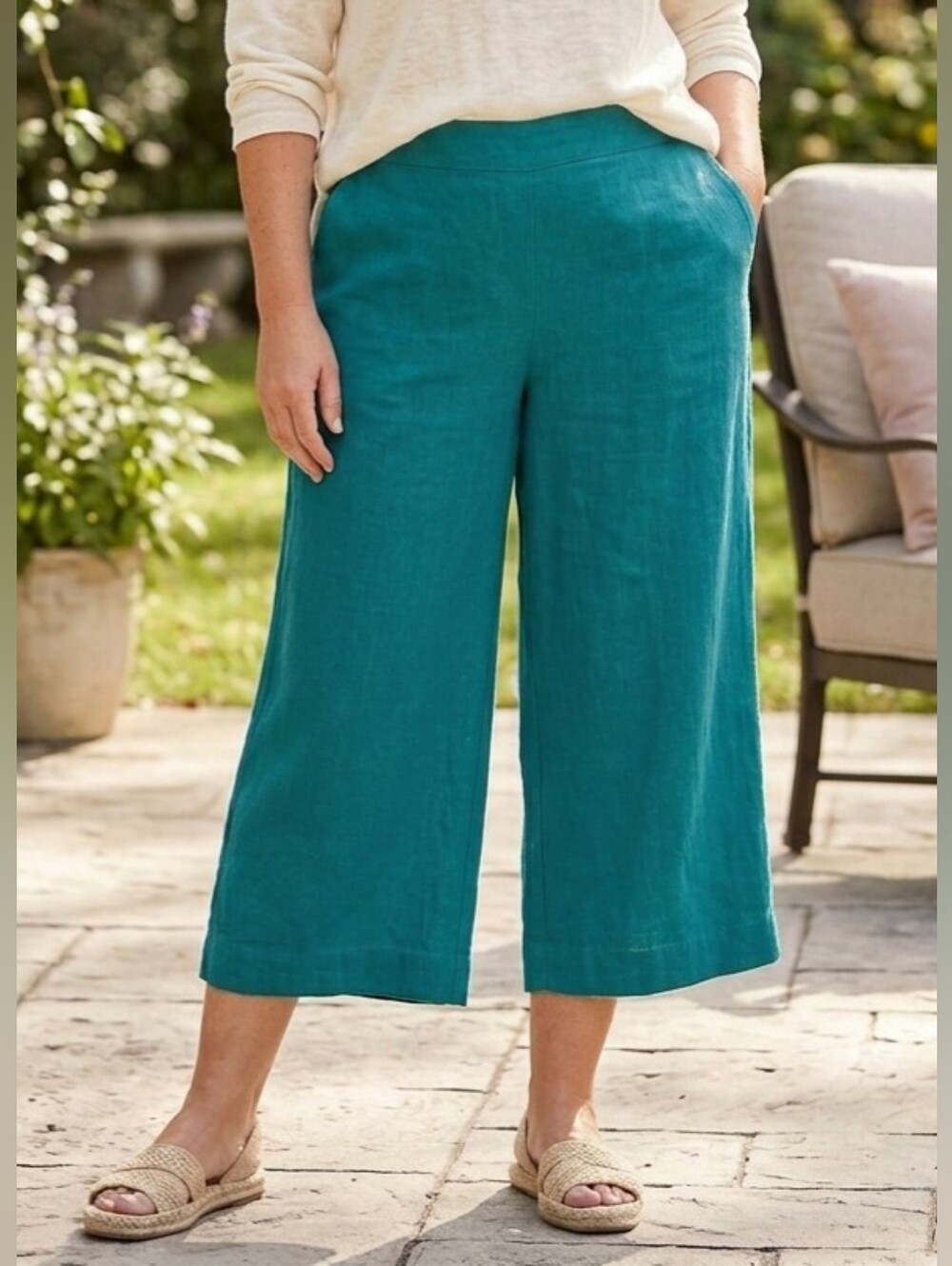 Soft Surroundings Teal Cropped Wide Leg Pants, Size L